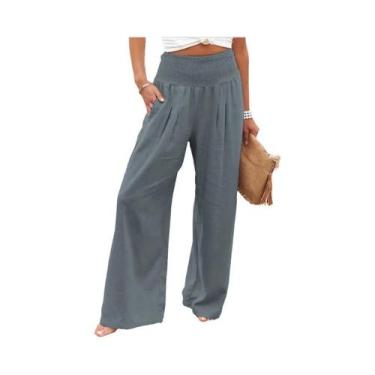 Imagem de Calças Casuais Femininas De Perna Larga Com Cordão Na Cintura Média Es