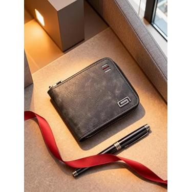 Imagem de Carteira masculina de couro com bolso para moedas com zíper e janela para identidade, carteira dupla compacta para transporte diário