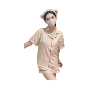 Imagem de Conjunto De Pijamas Femininos De Verão Em Cetim Sólido Confortável Em 