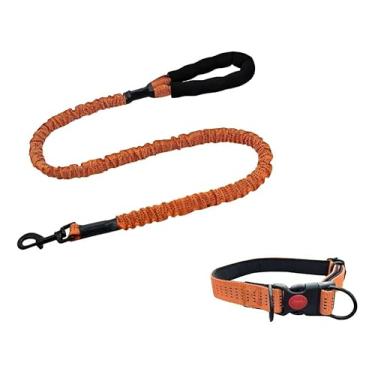 Imagem de Kit Guia Elástica com Coleira para Cachorro, Nylon Reforçado, Sistema Anti-Impacto, Amortecedor Elástico, Trava de Segurança, Alça Antiderrapante, Ideal para Cães Médios e Grandes (laranja)
