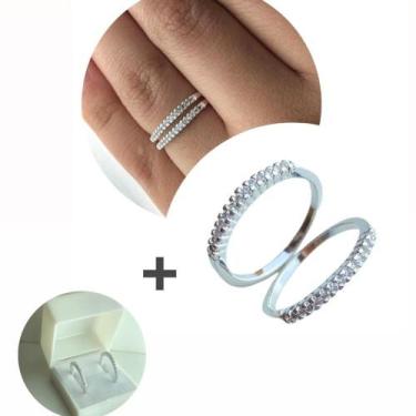 Imagem de Dois Anéis Aparadores de Aliança Cravejados Prata 925 com caixinha nam