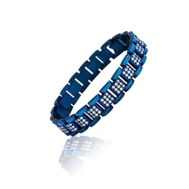 Imagem de Qing Birdee Pulseira masculina de luxo de aço inoxidável, ouro e azul, design pavé de cristal, 21,5 cm de comprimento, banhado a PVD, zircônia AAA incrustada, One Size, Aço inoxidável, Sem Pedra