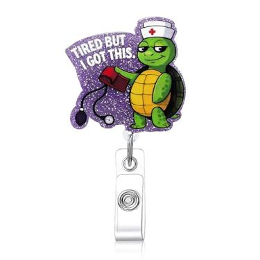 Imagem de Jusen Carretel de crachá engraçado de enfermeira tartaruga – I Got This Nurse Humor, suporte de crachá com glitter para enfermeiros e profissionais de saúde (Tired BUT I GOT This)