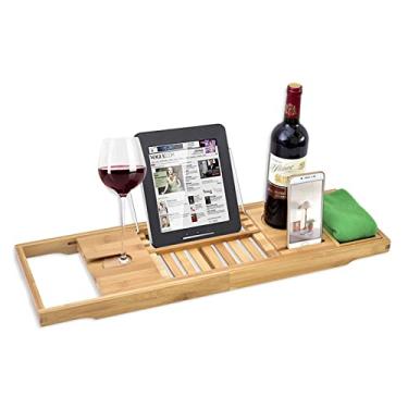 Imagem de Bandeja de banheira de bambu para mesa de banho para banheira, bandeja de banho expansível de bambu com suporte de livro para tablet de madeira e suporte de leitura