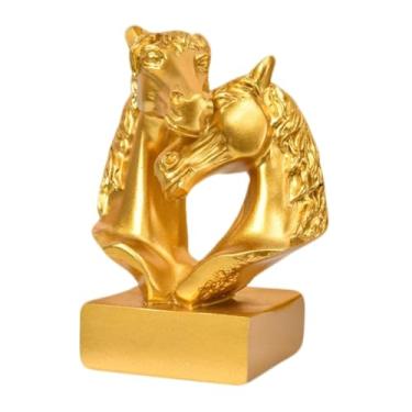 Imagem de WeiLaiKeQi Enfeite de mesa com duas cabeças de cavalo, lembrança de bênção, decoração de Ano Chinês, escultura para ou quarto, Ouro