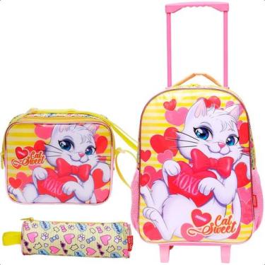 Imagem de Kit Mochila De Rodinha Menina Estojo Lancheira Gata- Amarelo - Klizz
