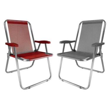 Imagem de Kit 2 Cadeira Max Alumínio Praia Piscina Camping Até 140 Kg Cinza Verm