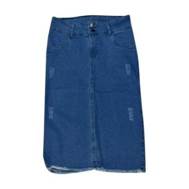 Imagem de Saia Jeans Moda Evangélica Feminina Com Barra Desfiada-Feminino