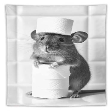 Imagem de Chapéu de papel higiênico com mouse tapeçaria de banheiro impressão artística preta branca para quarto sala de estar dormitório decoração de casa com design de animal de estimação pequeno fofo