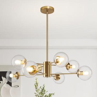 Imagem de Bagood Lustre Sputnik de globo de 8 luzes moderno dourado Sputnik lustre de globo de meados do século pendente de luz com acabamento em latão escovado com lustres de abajur de vidro transparente para