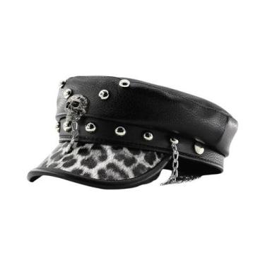 Imagem de Boina Feminina De Couro PU Preto Estilo Punk Com Topo Plano E Acessóri