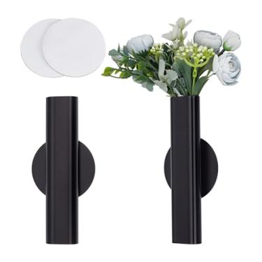 Imagem de OLYCRAFT Conjunto de 2 tubos de flores montados na parede de 17,8 cm preto superior/inferior, vaso aberto para parede, tubo de flores de metal, suporte de decoração com 2 folhas, fitas adesivas de