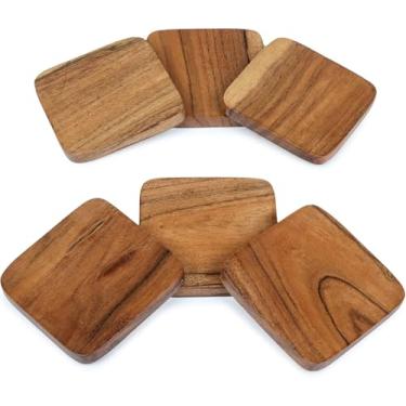 Imagem de Porta-copos de madeira de acácia com suporte de ferro para mesa de centro, decoração de proteção de bebida (quadrado, conjunto de 4)