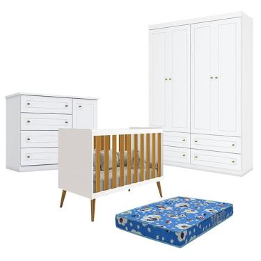 Imagem de Quarto De Bebê Americano 4 Portas Com Berço Americano Isis Branco Acetinado Savana E Colchão Ortobom - Reller - Henn