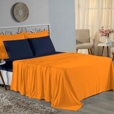 Imagem de Jogo De Cama Casal Viúva Nobre 4 Peças Malha 100% Algodão - Laranja / Azul-marinho