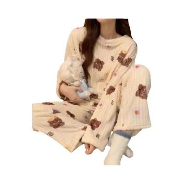 Imagem de Conjunto De Pijamas Femininos Quentes De Flanela Com Manga Longa Em Ve