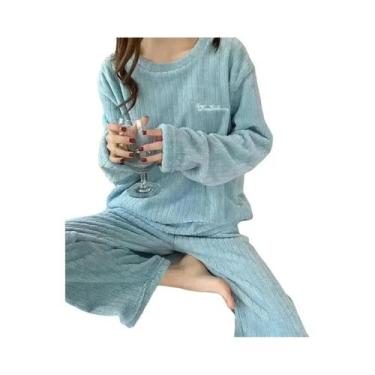 Imagem de Conjunto De Pijama Feminino De Veludo Quente Com Blusa Solta De Fleece