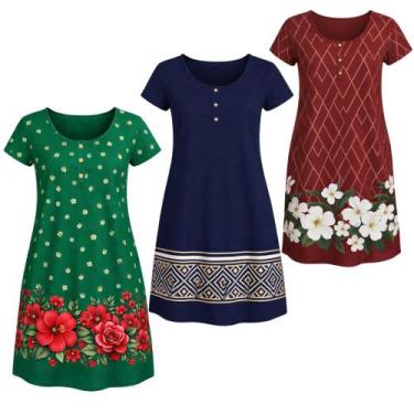 Imagem de Kit 3 Vestido Feminino Senhoras Soltinhos Malha Fria Estampados - Rest