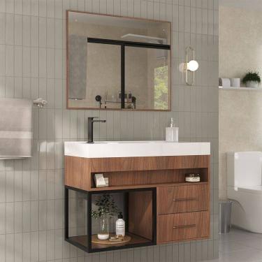 Imagem de Armário de Banheiro New 80 Cm 2 Gavetas 100% Mdf com Espelho Noce - Belizze Móveis