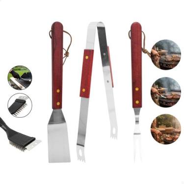 Imagem de Kit Churrasqueiro Churrasco Utensílios Cozinha Inox Madeira Faca Garfo