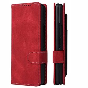 Imagem de Capa para Samsung Galaxy Z Fold 3, 2 em 1 Capa carteira flip de couro magnético removível com compartimentos para cartões de armazenamento Stylus embutido Capa fólio Proteção à prova de choque, vermelha