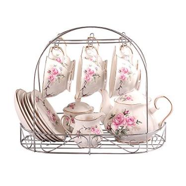 Imagem de ufengke Conjunto de 15 peças de café europeu Bone China Service com suporte de metal, estampa de camélia rosa conjunto de chá floral vintage, para casamento e casa