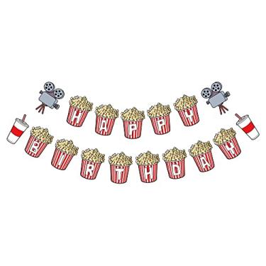 Imagem de Faixa de Feliz Aniversário Tema Noite de Filme, Placa de Festa de Aniversário Inspirada em Pipoca, Decoração de Flâmula de Aniversário Assistir Filme