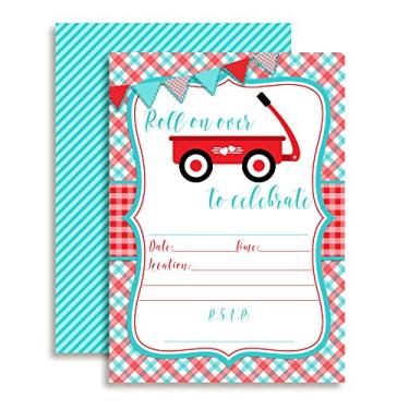 Imagem de Convites de festa de aniversário para menino vagão vermelho, dez cartões de 13 cm x 18 cm com 10 envelopes brancos da AmandaCreation