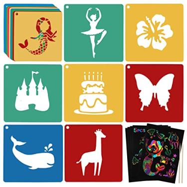 Imagem de Estênceis resistentes para crianças, 20 peças, estênceis infantis de 20 cm com 5 peças de papel para raspar para pintar histórias infantis imaginativas, ideia de presente para meninos e meninas, ferramentas de aprendizagem para crianças e crianças em idade pré-escolar
