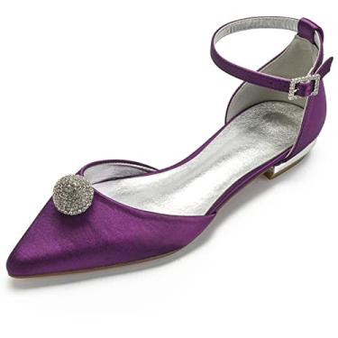 Imagem de Sapatos de casamento para noivas mulheres sapatilhas sapatilhas com fivela de cetim bico redondo sapatos com strass 36-43,Purple,9 UK/42 EU