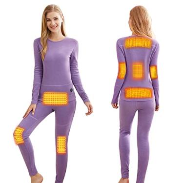 Imagem de Yajun Conjunto de roupa íntima térmica feminina de inverno com aquecimento USB, roupa de esqui elétrica, calça de moletom forrada com lã roxa para clima frio (sem bateria), P (150-155 cm/45-50 kg)