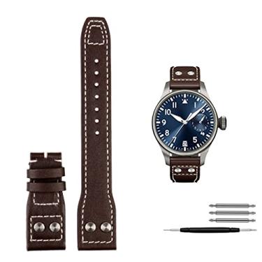 Imagem de CYSUE Rebites de couro genuíno pulseira de relógio para IWC Big Pilot Spitfire fivela dobrável de couro de vaca relógio pulseira masculina 21mm 22mm (cor: marrom sem calsp, tamanho: 22mm)