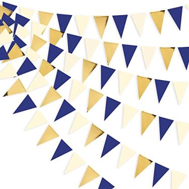 Imagem de Decorações de festa de ouro bege azul marinho 1,8 m para pendurar papel bandeira triangular bandeira pendente banner guirlanda para despedida de solteira noivado casamento aniversário bebê chá de panela de casamento artigos de festa de galinha