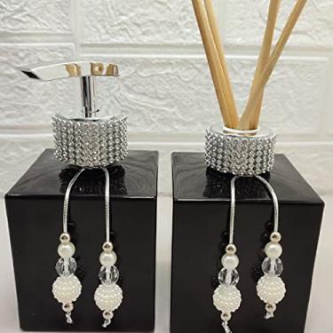 Imagem de Kit Lavabo Porta Sabonete Líquido Aromatizador Difusor-Jogo de Organizadores Para Banheiro-Dispenser-Preto e Prata Strass