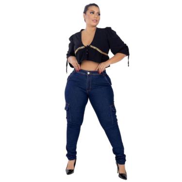 Imagem de Calça Jeans Escura Cargo Plus Size Cintura Alta Com Bolsos