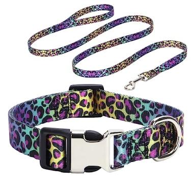 Imagem de Conjunto de coleira e coleira para cães para meninas meninos, fivela de metal fofa chique macia impressa em 3D treinamento ajustável para pequeno, médio e grande raça fêmea filhote macho pet gato terrier, leopardo colorido M