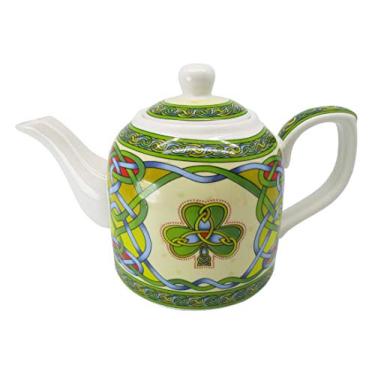 Imagem de Chaleira de porcelana de trevo – Chaleira de chá irlandês com laço celta com tampa removível – Feito de novo osso China lavadora de louça presente seguro para micro-ondas por Clara H 12,5 cm L 20 cm Capacidade 0,65 lt