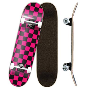 Imagem de Yocaher Skate profissional completo de 19,7 cm com deck de bordo de 7 camadas, fita de aderência premium BlackWidow, caminhão de liga de alumínio, rolamento ABEC-9 xadrez rosa