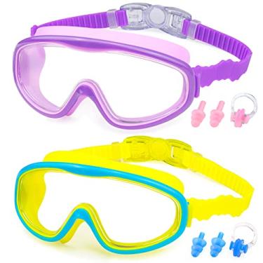 Imagem de KAILIMENG Pacote com 2 óculos de natação para crianças, visão ampla, sem vazamento, proteção UV e protetores de ouvido com clipe de nariz para crianças de 3 a 15 anos (roxo e azul amarelo, pacote com
