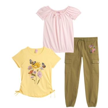 Imagem de Real Love Conjunto de calças para meninas – Camiseta fofa de 3 peças e calça cargo cargo bordada – Roupa moderna de primavera para meninas (7-16), Borboletas verdes, 7