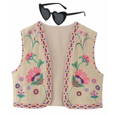Imagem de Colete bordado feminino vintage bordado floral colete aberto frente blusa cortada colete (Color : E, Size : Small)