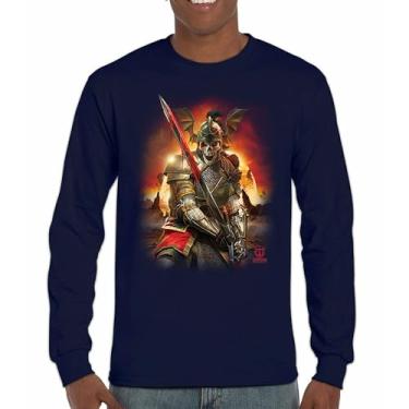 Imagem de Camiseta de manga comprida Apocalypse Reaper Fantasy Skeleton Knight with a Sword Medieval Legendary Creature Dragon Wizard, Azul marinho, XXG