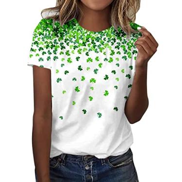 Imagem de Camiseta feminina Shamrock verde trevo irlandês da sorte manga curta Dia de São Patrício linda camiseta gráfica de 4 folhas, 0116-branco, P