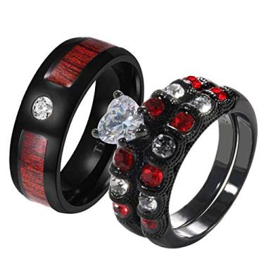 Imagem de ringheart 2 anéis de casal para ele e ela banhados a ouro branco corte coração CZ conjuntos de alianças de casamento femininas vermelho aço titânio masculino alianças de casamento, women size7 & men