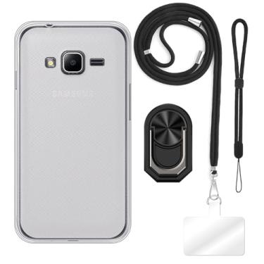 Imagem de Capa projetada para Samsung Galaxy J1 Mini Prime (10 cm) + cordão ajustável transversal e pescoço, alça de pulso macia e suporte de anel de dedo estilo mecha com suporte