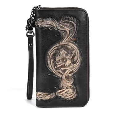 Imagem de Carteira longa de couro genuíno para homens e mulheres carteira personalizada com zíper em torno do talão de cheques, dinheiro, porta-cartões de crédito, c