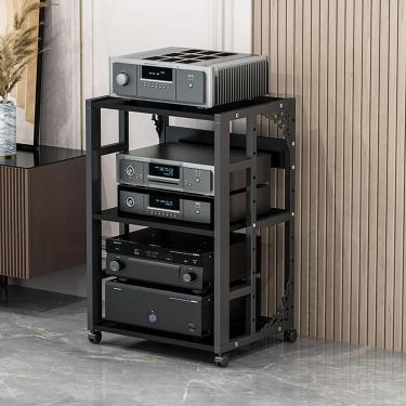 Imagem de Suporte de mídia AV móvel de 3/4/5 camadas Prateleira de canto Suporte para CD Player Gabinete de armazenamento de componentes estéreo Torre de rack de áudio com prateleiras de madeira ajust