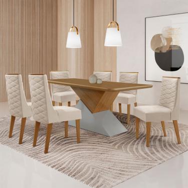 Imagem de Mesa para Sala de Jantar Aster 180cm MDF Tampo Laminado Canto Copo e 6 Cadeiras Safira - Veludo Creme/Off White/Imbuia