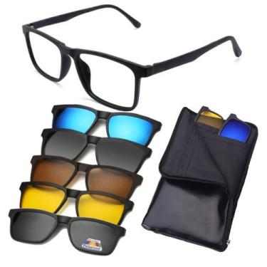 Imagem de Armação de Óculos + 5 Clip ON de Sol Masculino Troca Lentes Polarizado