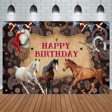 Imagem de Decoração de banner de festa de aniversário de cavalo com sela para celebração de um fundo estável do oeste selvagem para chá de bebê, artigos rústicos para festas, 2,1 x 1,5 m